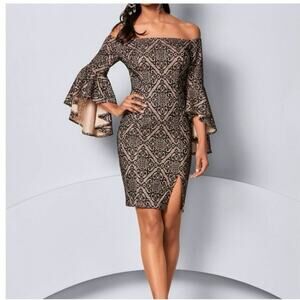 Venus Off Shoulder Bell Sleeve Dress Black Cream Bodycon Slit Size 8 NWT